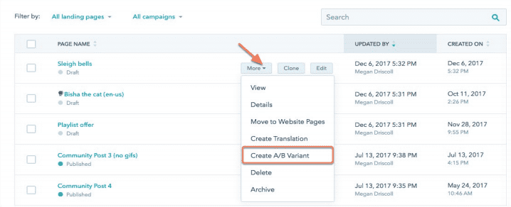 landing page list view in hubspot with a/b test option shown