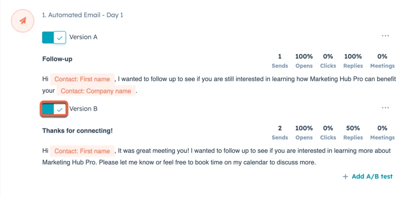 example of a/b tests using hubspot sequences