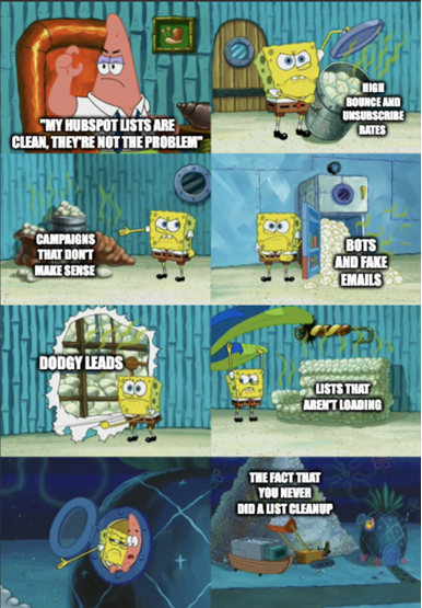 meme of spongebob and patrick where patrick is in denial about his lists being dirty and spongebob showing different ways it isn't clean