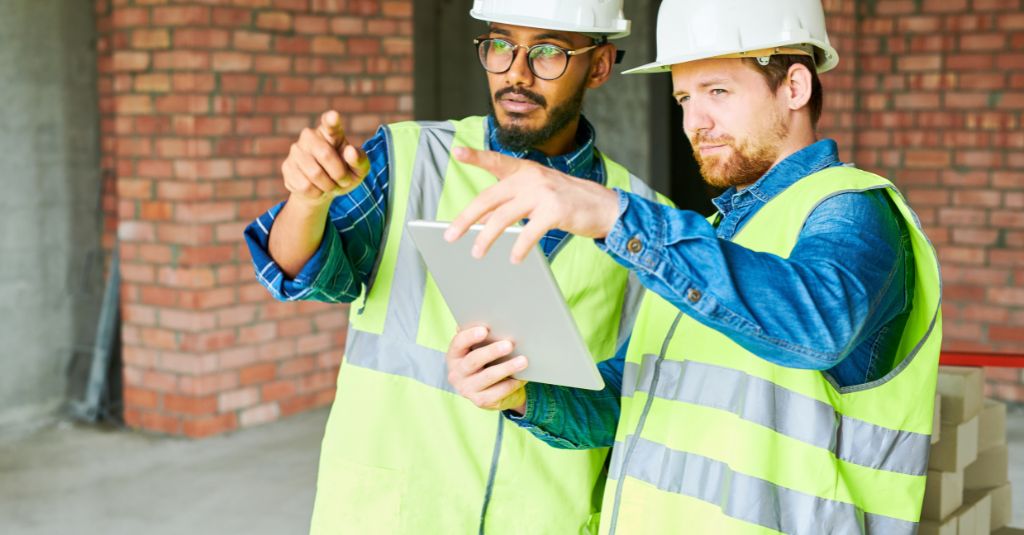 Construction engineers talking