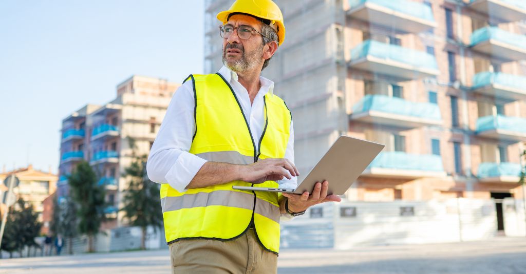 A Builder looking a far while holding a laptop