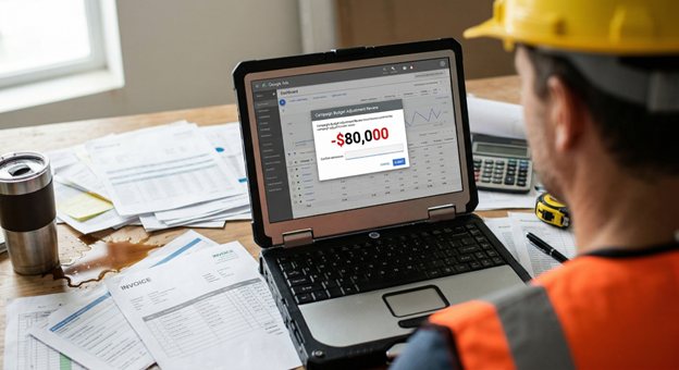 Person Staring at a Laptop with bad construction ad spend numbers