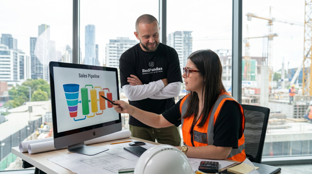 Construction supervisor showing the sales representative the sales pipeline on a laptop